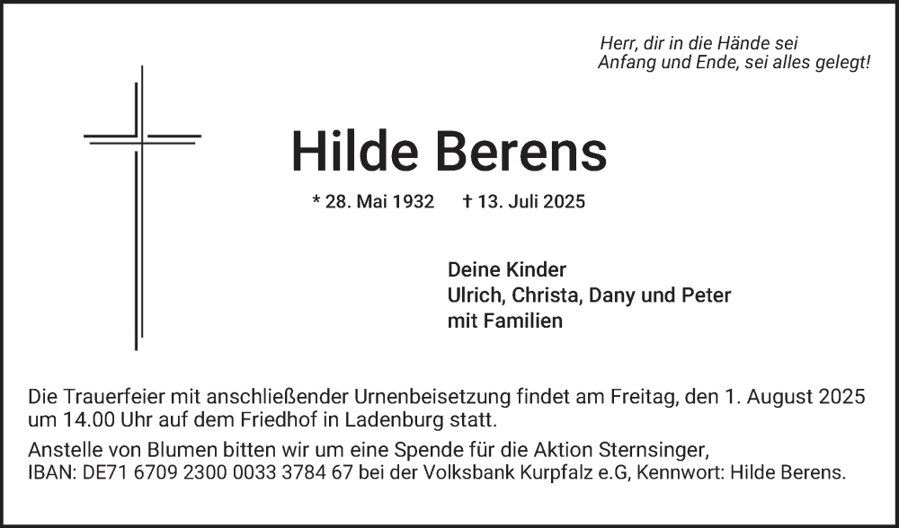  Traueranzeige für Hilde Berens vom 26.07.2025 aus Mannheimer Morgen