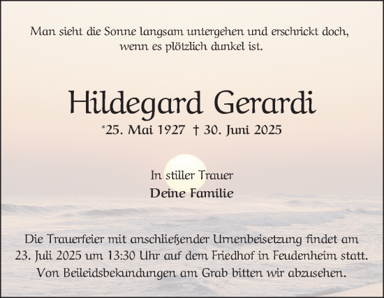 Traueranzeige von Hildegard Gerardi von Mannheimer Morgen