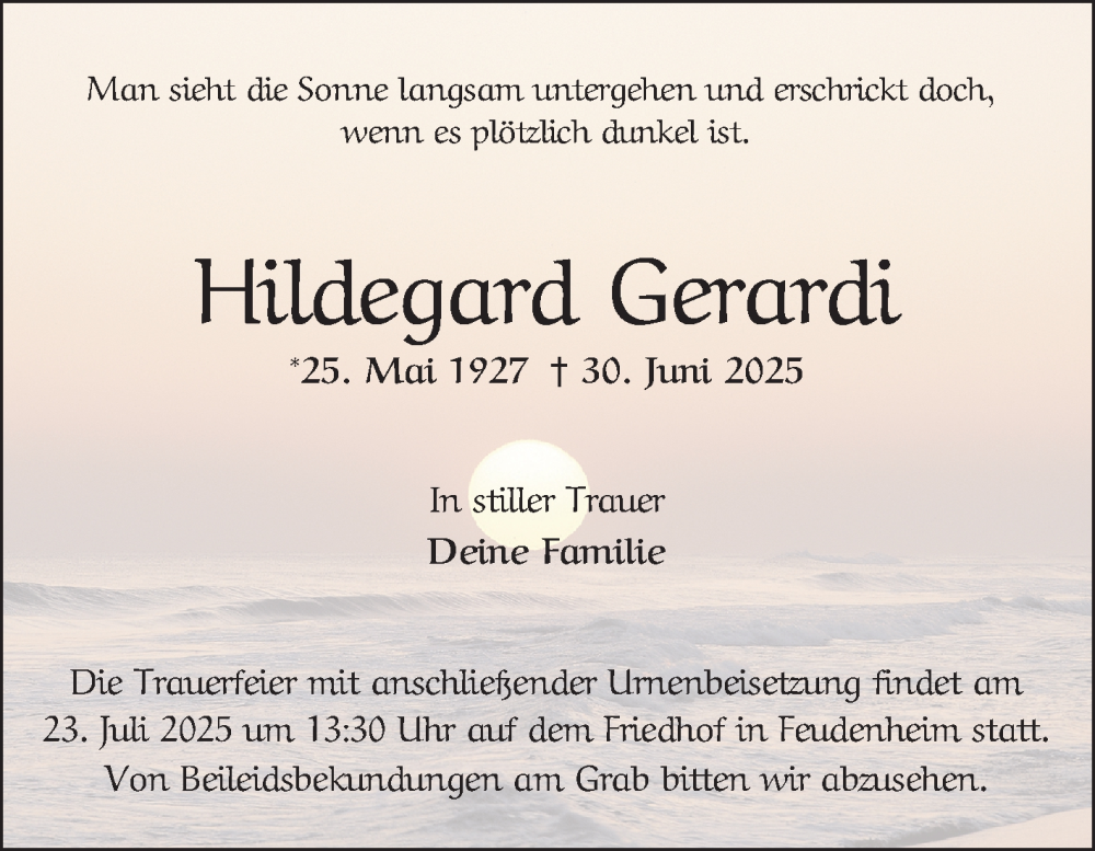  Traueranzeige für Hildegard Gerardi vom 19.07.2025 aus Mannheimer Morgen