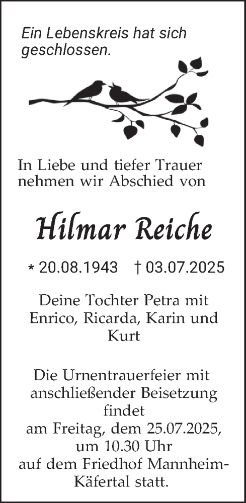 Traueranzeige von Hilmar Reiche von Mannheimer Morgen