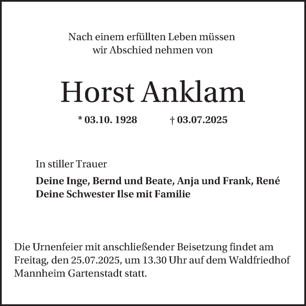  Traueranzeige für Horst Anklam vom 19.07.2025 aus Mannheimer Morgen
