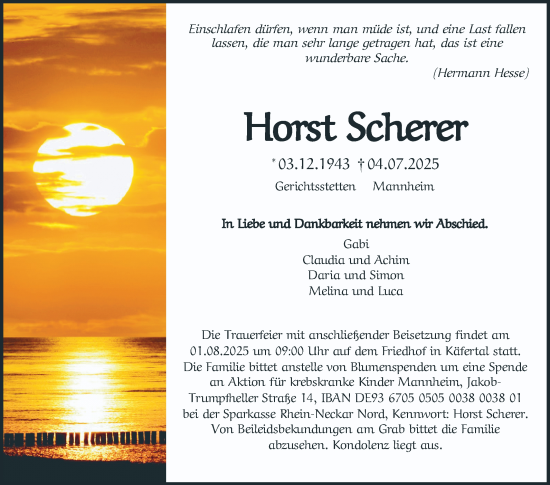 Traueranzeige von Horst Scherer von Mannheimer Morgen