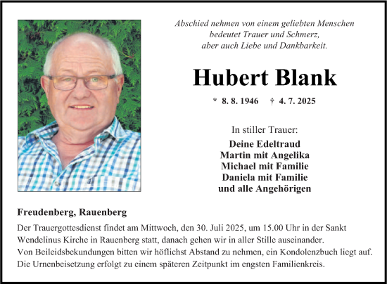 Traueranzeige von Hubert Blank von Fränkische Nachrichten