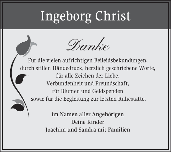 Traueranzeige von Ingeborg Christ von Schwetzinger Zeitung
