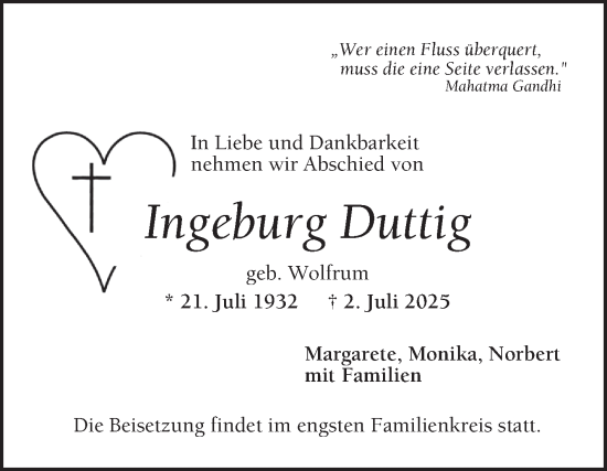 Traueranzeige von Ingeburg Duttig von Mannheimer Morgen