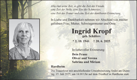 Traueranzeige von Ingrid Kropf von Fränkische Nachrichten