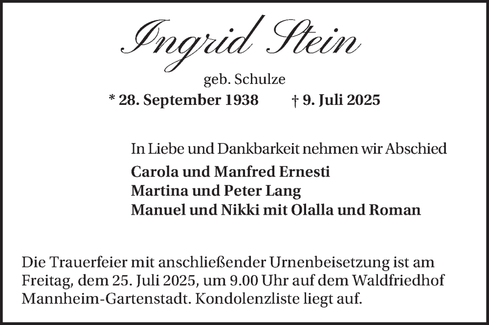  Traueranzeige für Ingrid Stein vom 19.07.2025 aus Mannheimer Morgen