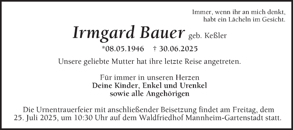  Traueranzeige für Irmgard Bauer vom 19.07.2025 aus Mannheimer Morgen