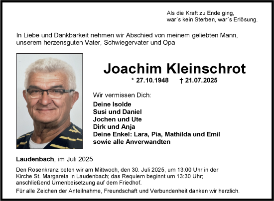 Traueranzeige von Joachim Kleinschrot von Fränkische Nachrichten