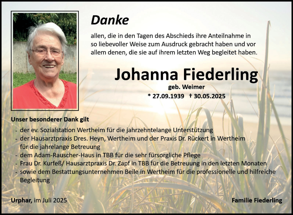  Traueranzeige für Johanna Fiederling vom 05.07.2025 aus Fränkische Nachrichten