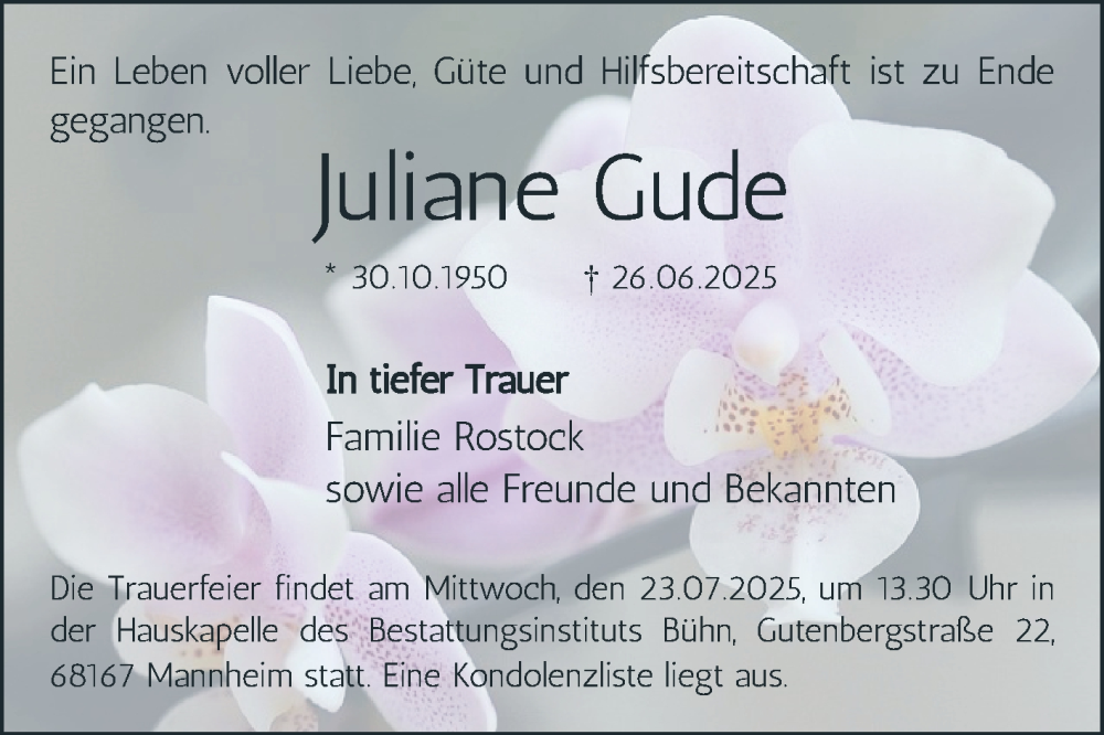  Traueranzeige für Juliane Gude vom 12.07.2025 aus Mannheimer Morgen