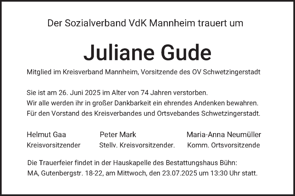  Traueranzeige für Juliane Gude vom 12.07.2025 aus Mannheimer Morgen
