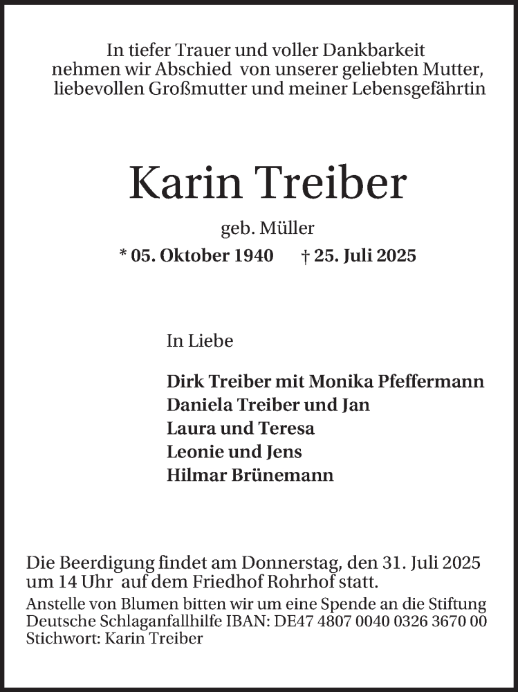  Traueranzeige für Karin Treiber vom 26.07.2025 aus Mannheimer Morgen