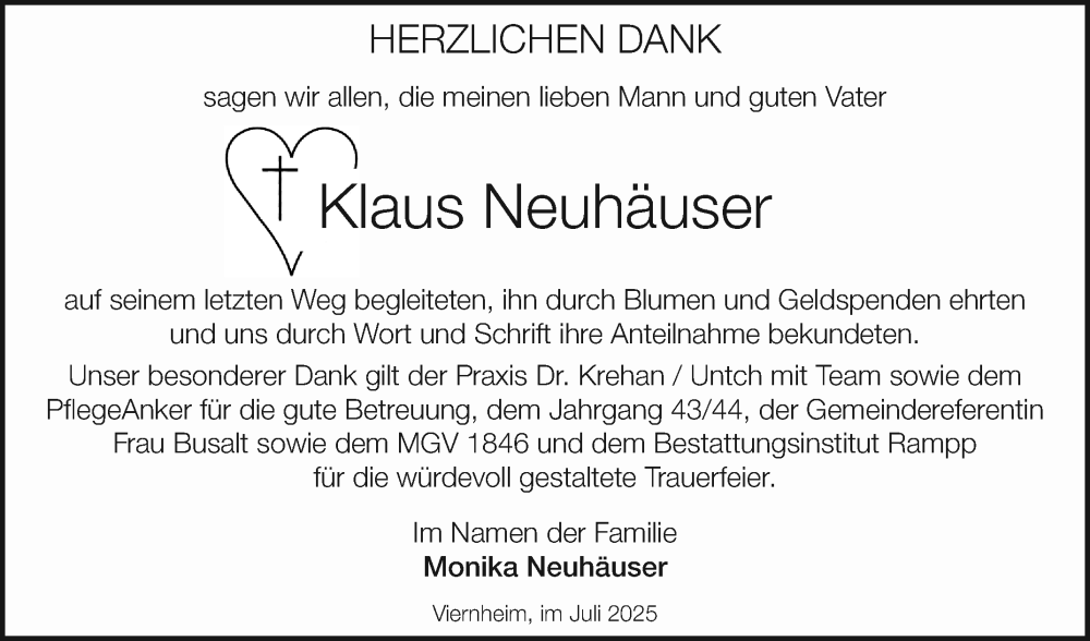  Traueranzeige für Klaus Neuhäuser vom 19.07.2025 aus Mannheimer Morgen
