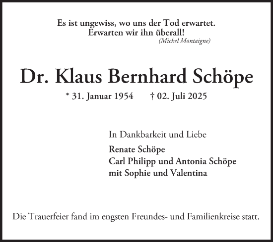 Traueranzeige von Klaus Bernhard Schöpe von Mannheimer Morgen