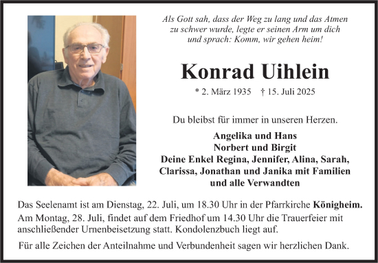 Traueranzeige von Konrad Uihlein von Fränkische Nachrichten