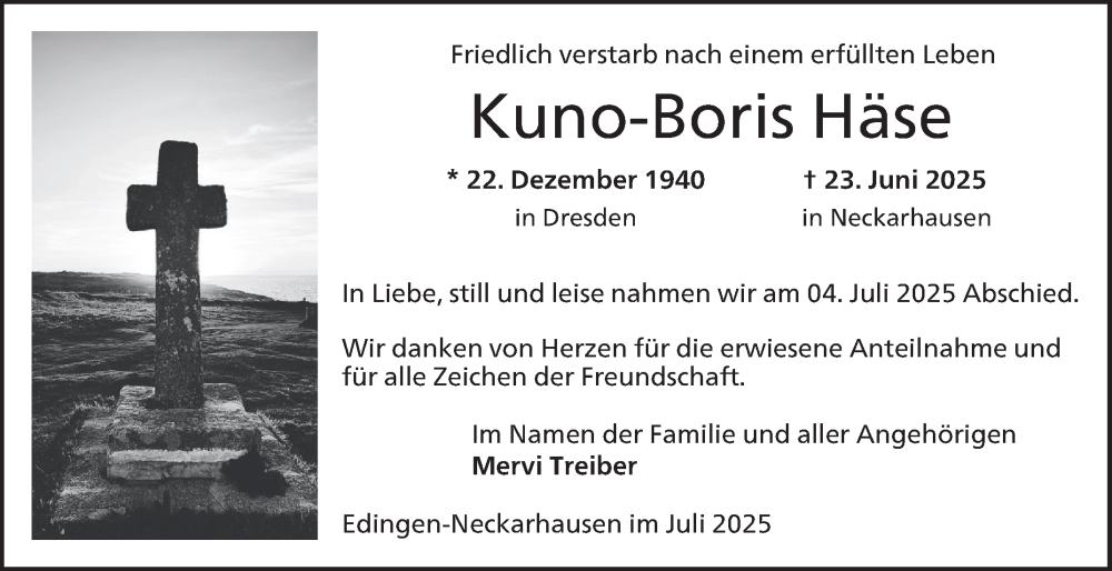  Traueranzeige für Kuno-Boris Häse vom 12.07.2025 aus Mannheimer Morgen