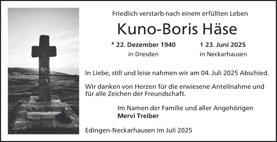 Traueranzeige von Kuno-Boris Häse von Mannheimer Morgen