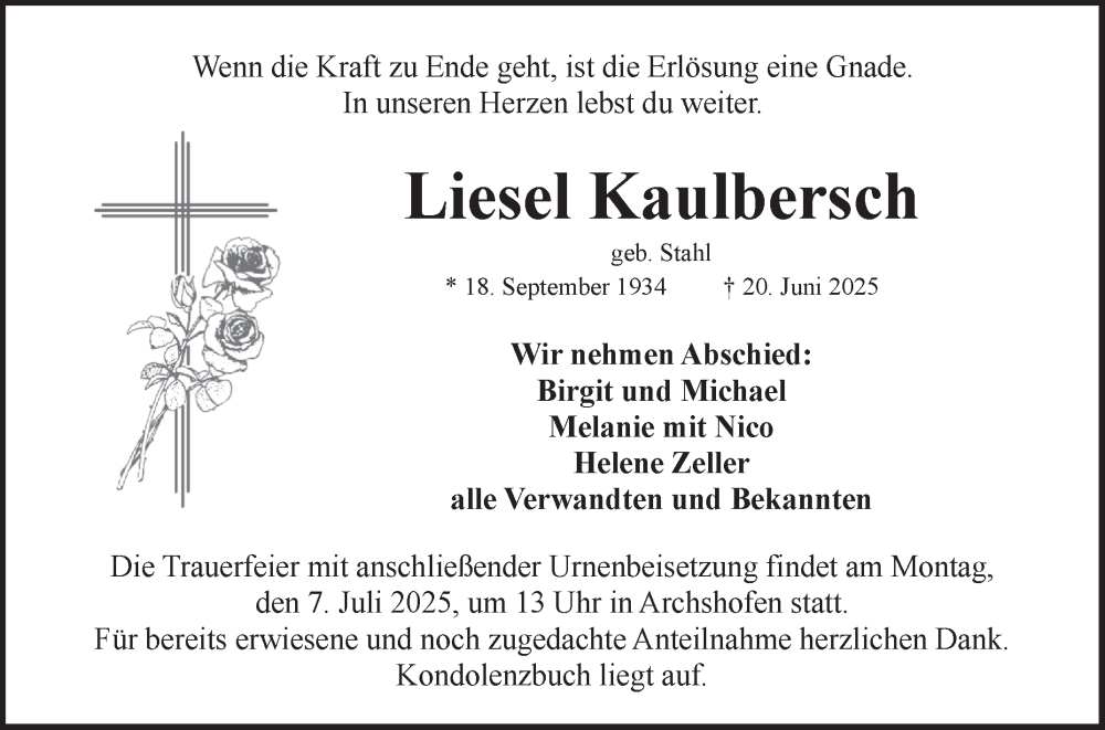  Traueranzeige für Liesel Kaulbersch vom 03.07.2025 aus Fränkische Nachrichten