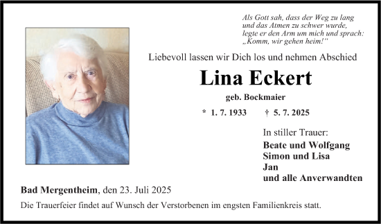 Traueranzeige von Lina Eckert von Fränkische Nachrichten