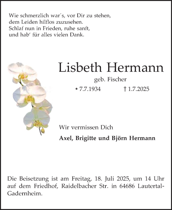 Traueranzeige von Lisbeth Hermann von Bergsträßer Anzeiger