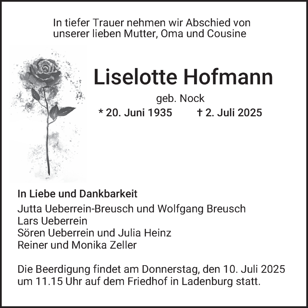  Traueranzeige für Liselotte Hofmann vom 05.07.2025 aus Mannheimer Morgen