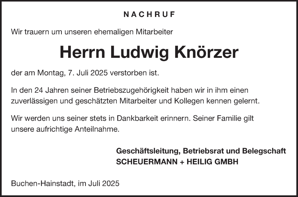  Traueranzeige für Ludwig Knörzer vom 12.07.2025 aus Fränkische Nachrichten