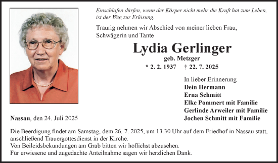 Traueranzeige von Lydia Gerlinger von Fränkische Nachrichten