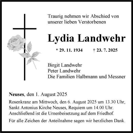 Traueranzeige von Lydia Landwehr von Fränkische Nachrichten