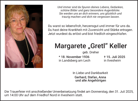Traueranzeige von Margarete Keller von Mannheimer Morgen