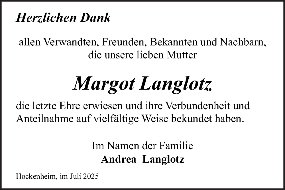  Traueranzeige für Margot Langlotz vom 02.07.2025 aus Schwetzinger Zeitung