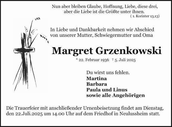 Traueranzeige von Margret Grzenkowski von Schwetzinger Zeitung