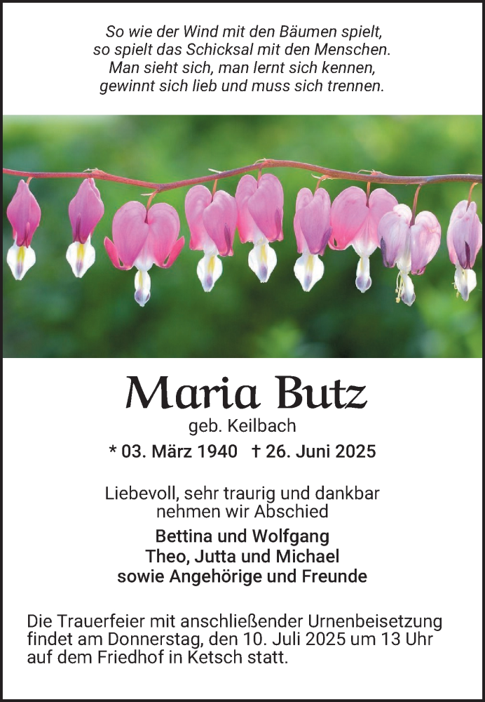  Traueranzeige für Maria Butz vom 05.07.2025 aus Schwetzinger Zeitung