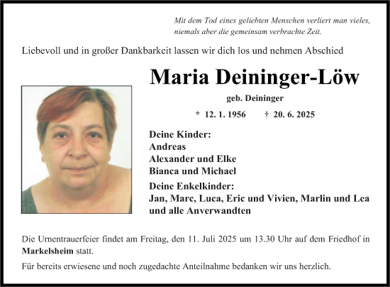 Traueranzeige von Maria Deininger-Löw von Fränkische Nachrichten