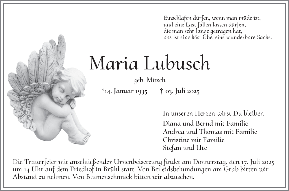  Traueranzeige für Maria Lubusch vom 12.07.2025 aus Schwetzinger Zeitung