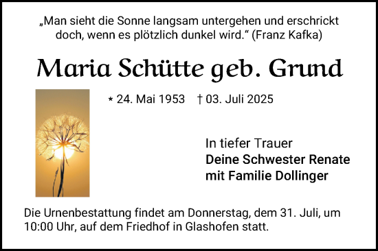 Traueranzeige von Maria Schütte von Fränkische Nachrichten