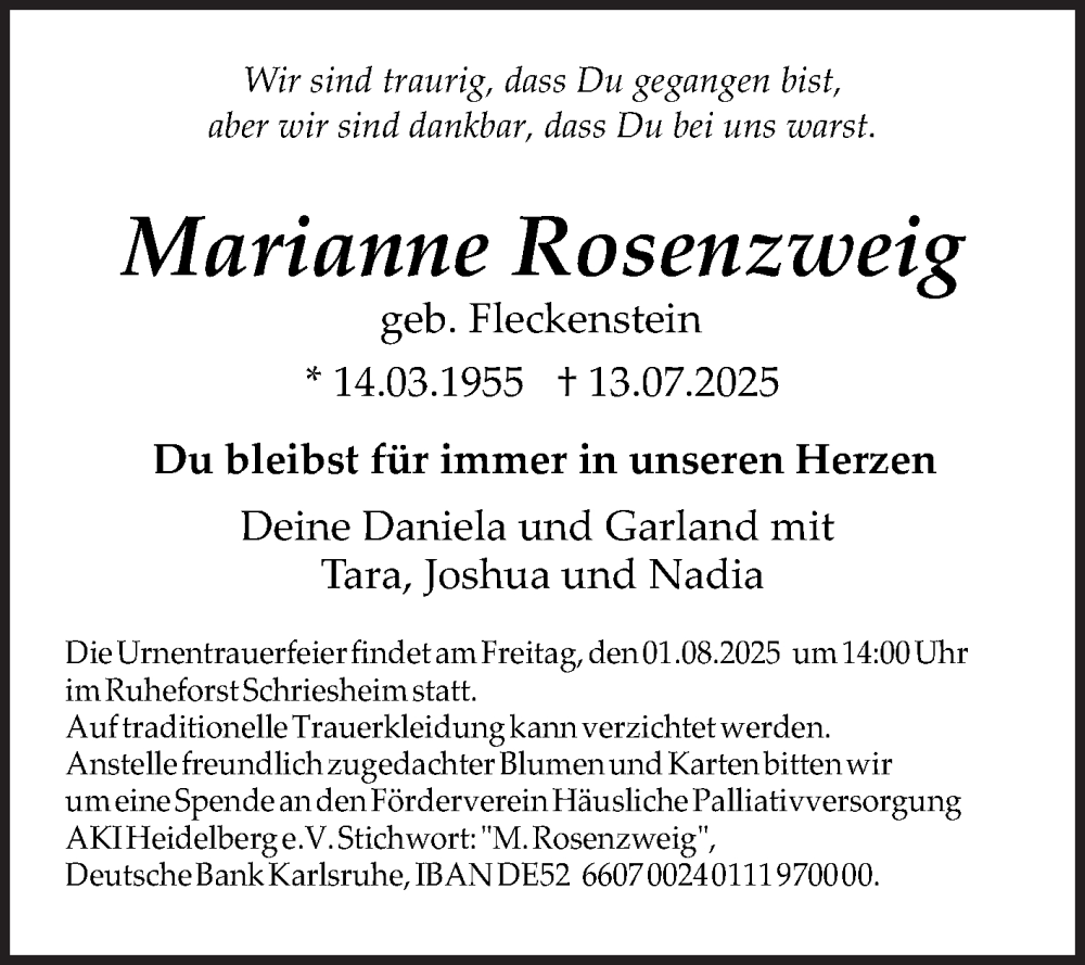  Traueranzeige für Marianne Rosenzweig vom 26.07.2025 aus Mannheimer Morgen