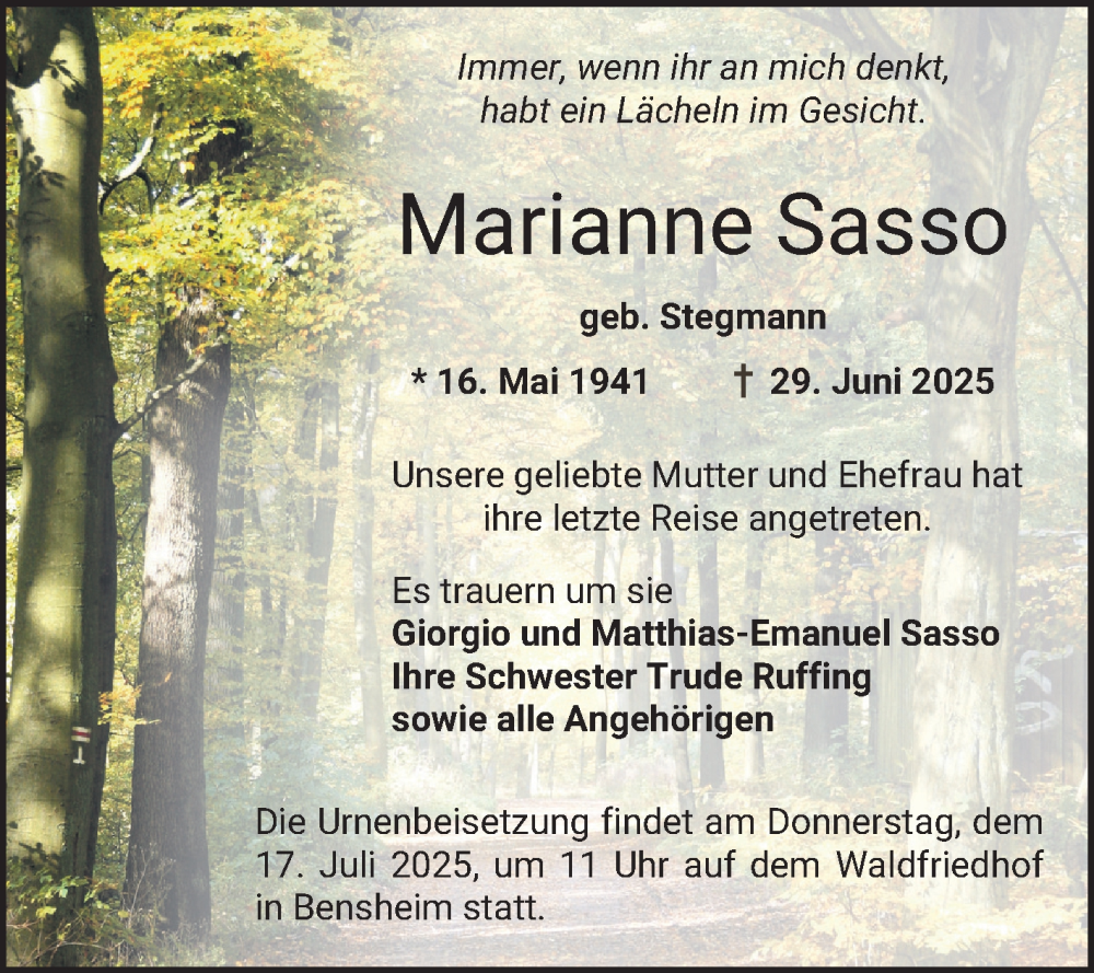  Traueranzeige für Marianne Sasso vom 12.07.2025 aus Bergsträßer Anzeiger