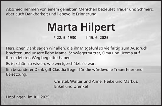 Traueranzeige von Marta Hilpert von Fränkische Nachrichten