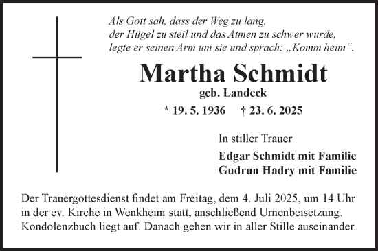 Traueranzeige von Martha Schmidt von Fränkische Nachrichten