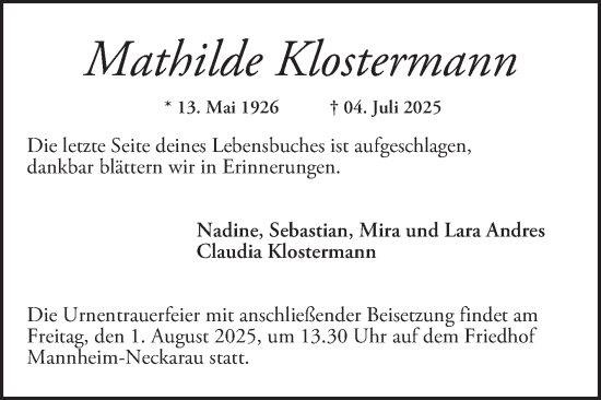 Traueranzeige von Mathilde Klostermann von Mannheimer Morgen