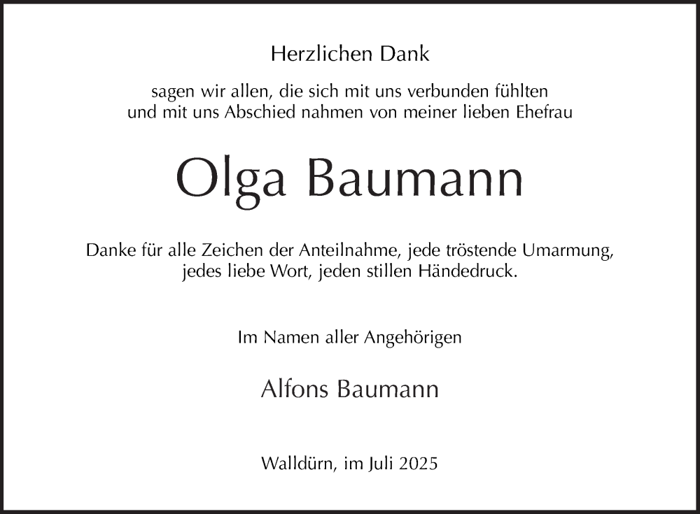  Traueranzeige für Olga Baumann vom 19.07.2025 aus Fränkische Nachrichten