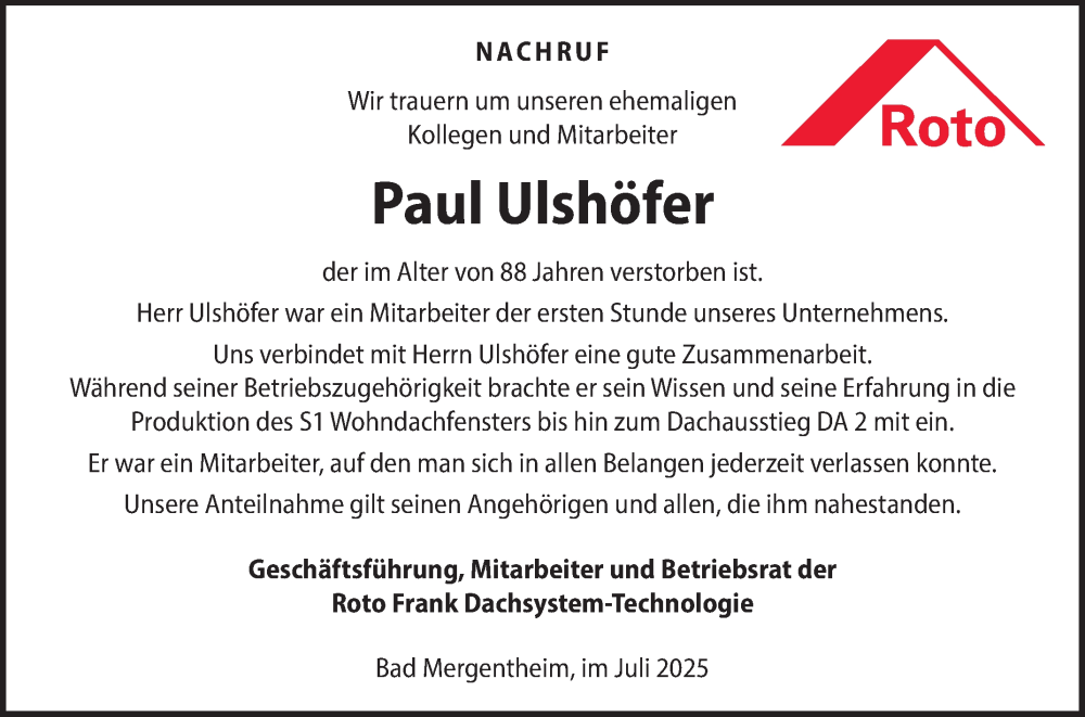  Traueranzeige für Paul Ulshöfer vom 04.07.2025 aus Fränkische Nachrichten
