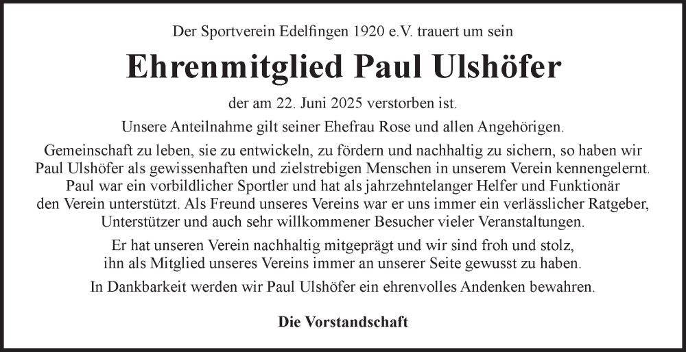  Traueranzeige für Paul Ulshöfer vom 08.07.2025 aus Fränkische Nachrichten