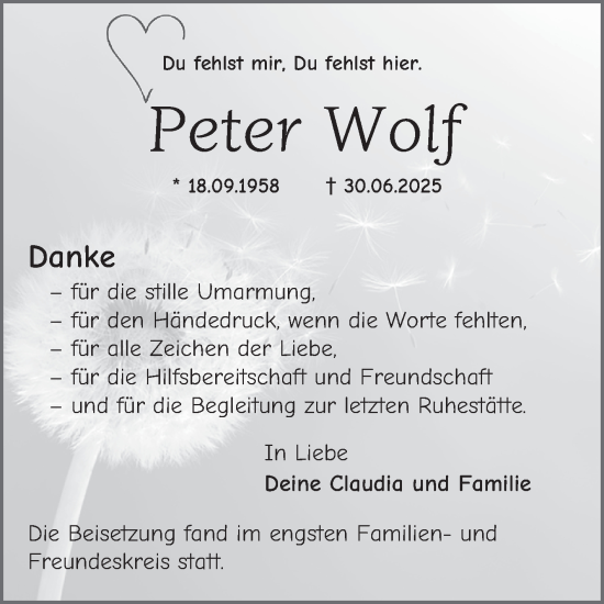 Traueranzeige von Peter Wolf von Mannheimer Morgen