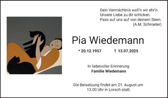 Traueranzeige von Pia Wiedemann von Bergsträßer Anzeiger