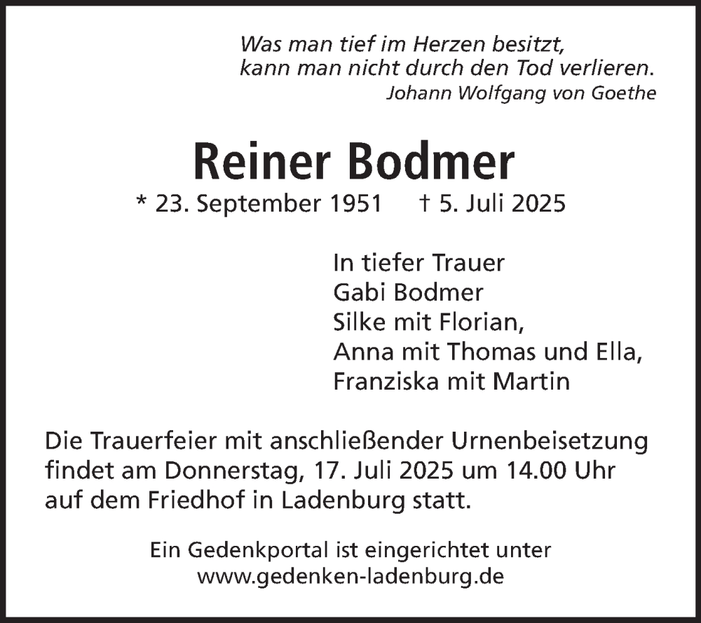  Traueranzeige für Reiner Bodmer vom 12.07.2025 aus Mannheimer Morgen
