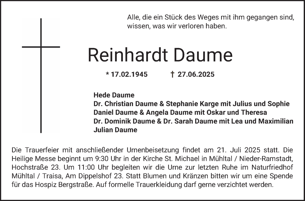  Traueranzeige für Reinhardt Daume vom 12.07.2025 aus Bergsträßer Anzeiger