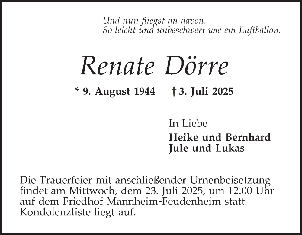  Traueranzeige für Renate Dörre vom 12.07.2025 aus Mannheimer Morgen