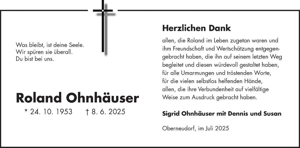  Traueranzeige für Roland Ohnhäuser vom 05.07.2025 aus Fränkische Nachrichten